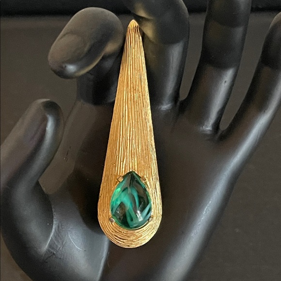 Vintage Jewelry - Mid-Century Modern Green Swirled Glass Cabochon Teardrop Brooch